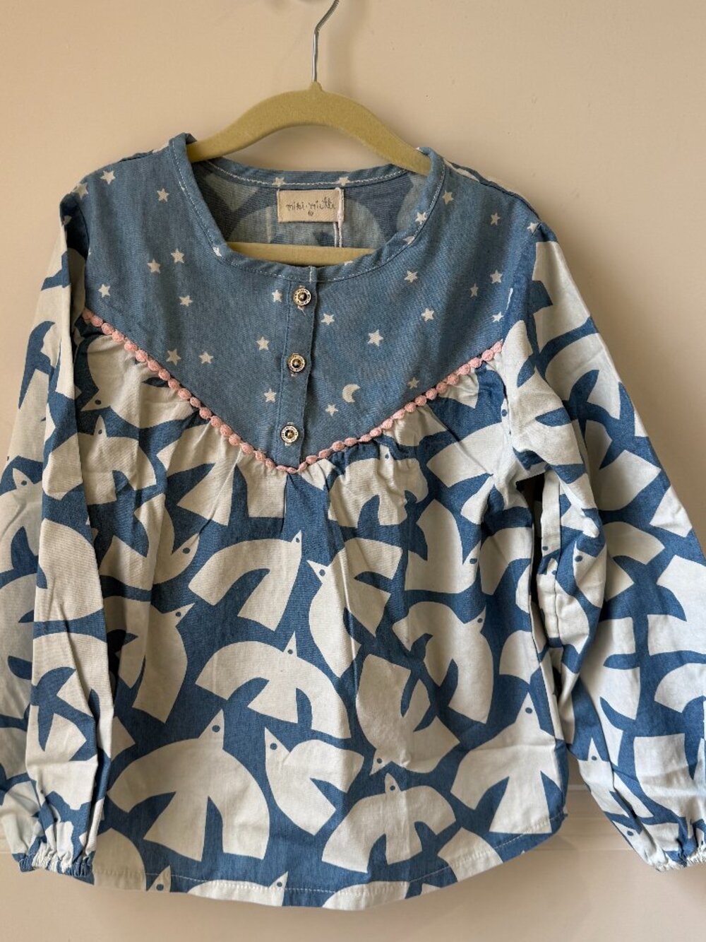 Miki Miette Julia Blouse Nordic Sky 6Y NWT Bird Print Chambray Top